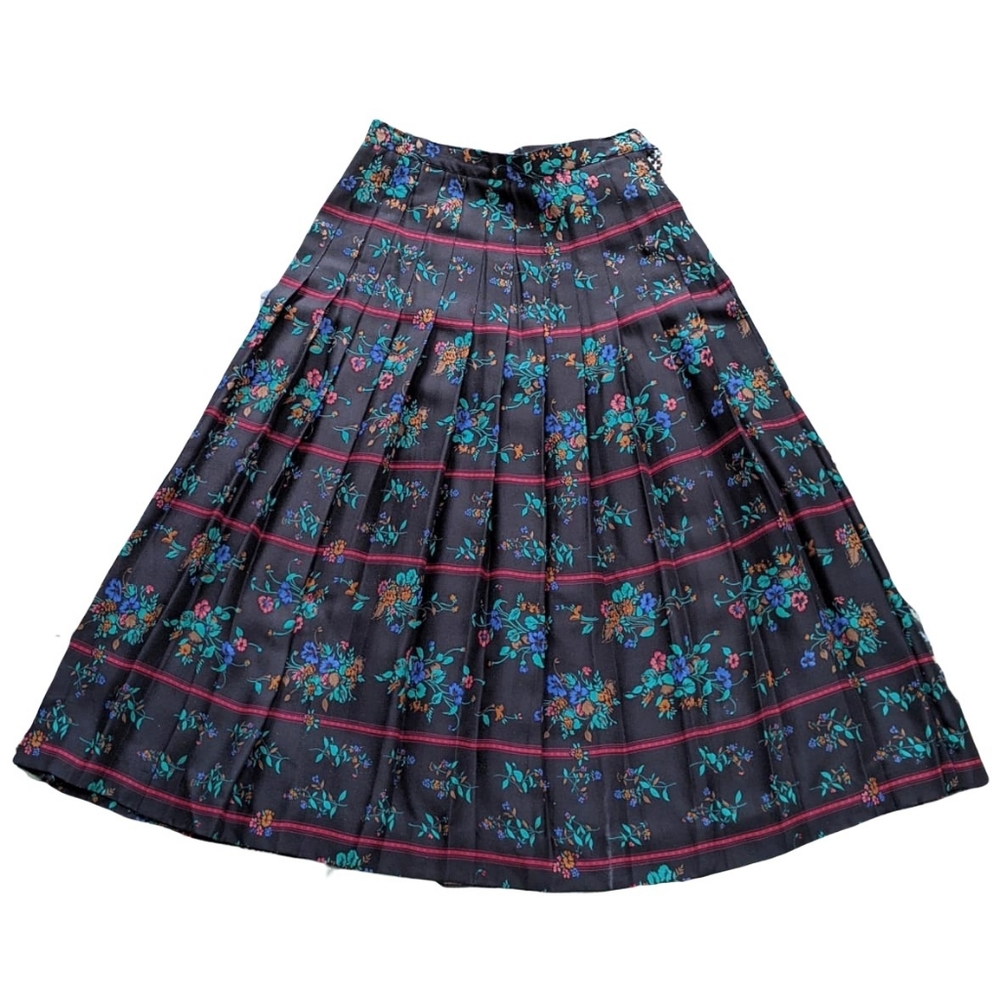 Vintage Black Floral Pleated Skirt Union Made